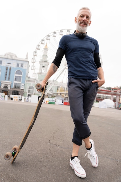 Mature man with sustainable mobility skateboard
