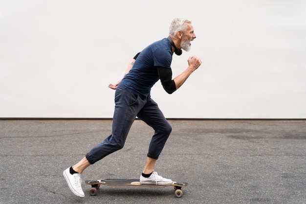 Mature man with sustainable mobility skateboard