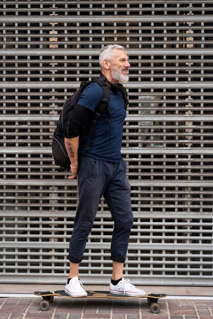 Mature man with sustainable mobility skateboard