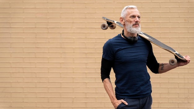 Mature man with sustainable mobility skateboard