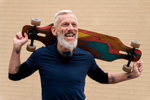 Mature man with sustainable mobility skateboard