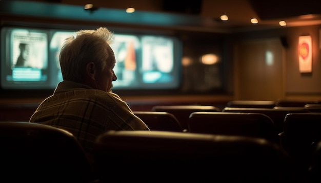 Free photo mature men sitting in lecture hall learning generated by ai