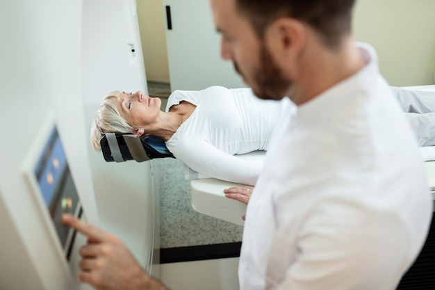 Mature patient undergoing for a medical examination via MRI scan