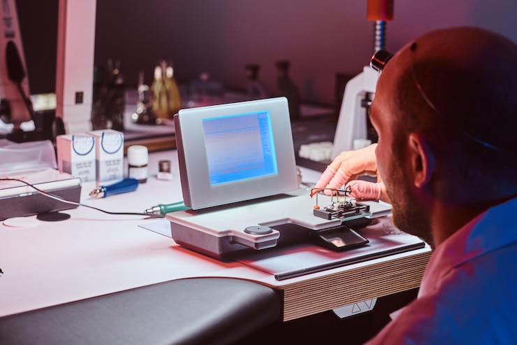 मुफ़्त फोटो mature watchmaker is working with witschi analyzer q1 at his own studio.