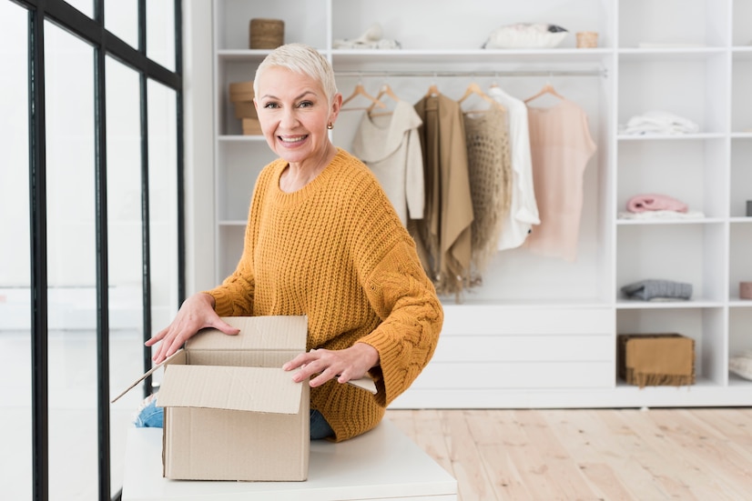 Mature woman smiling and posing with box