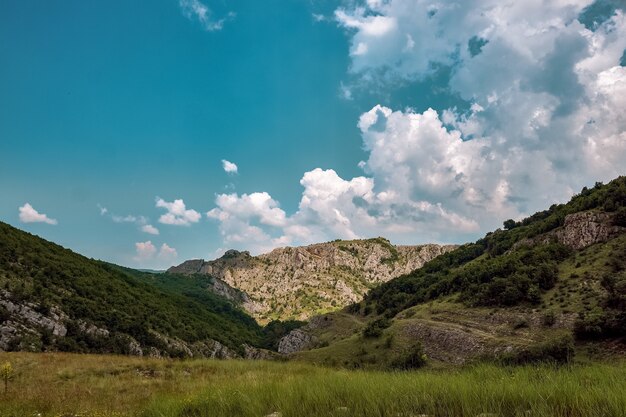 Meadow surrounded by hills covered in bushes and trees under the cloudy sky and sunlight