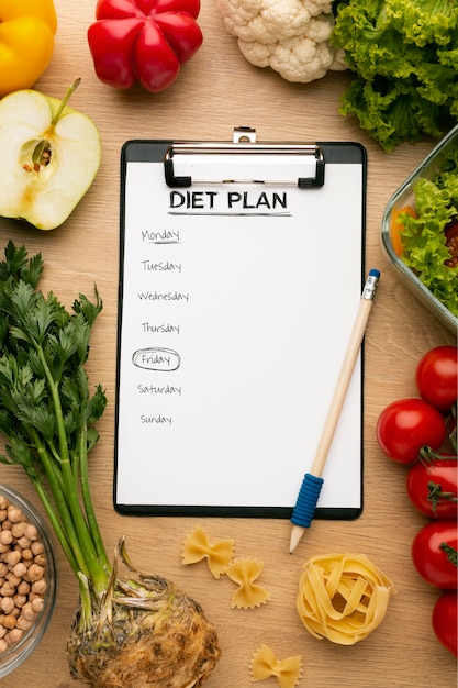 Meal planning clipboard and food arrangement