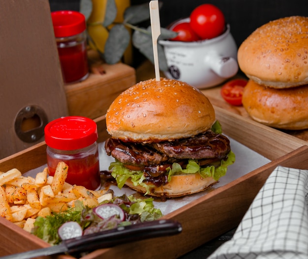 Meat burger and spicy french fries