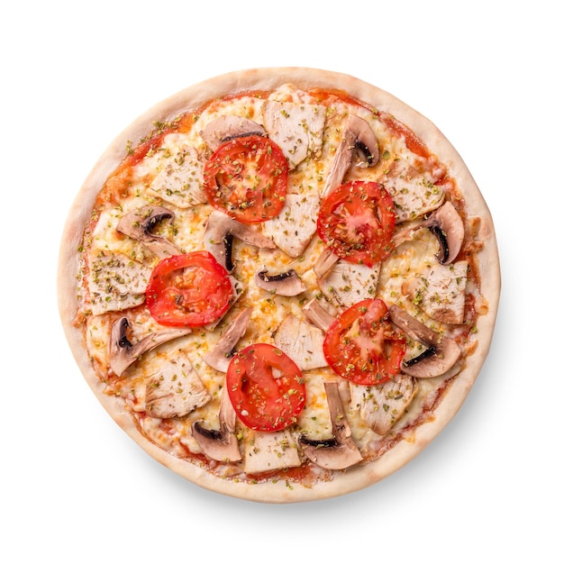 Meat chicken and mushrooms pizza isolated on white background. Top view. Photo for the menu