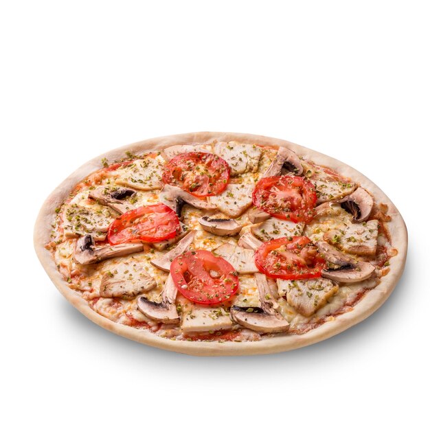 Пицца с мясом курицы и грибами на белом фоне. Вид сверху. Фото для меню