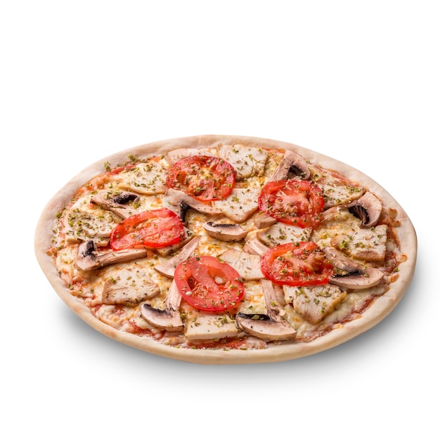 白い背景で隔離の肉チキンとキノコのピザ。上面図。メニューの写真