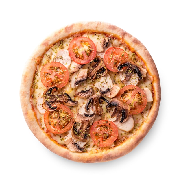 Пицца с мясом курицы и грибами на белом фоне. Вид сверху. Фото для меню
