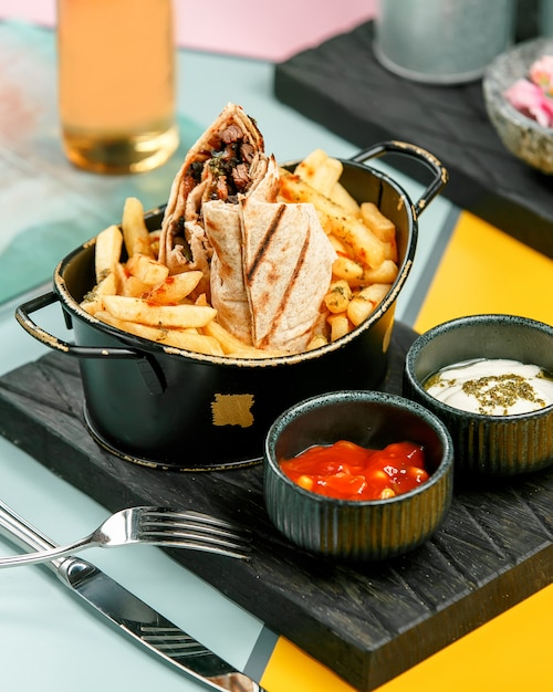 Meat doner in lavash with french fries