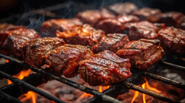 Meat hanging on skewers on the grill