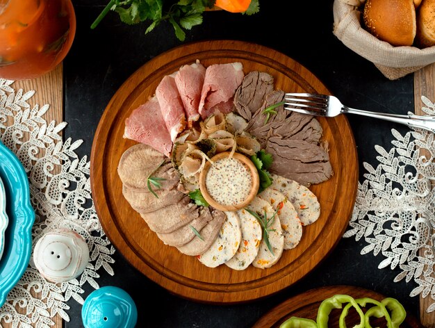 Meat plate on the table top view