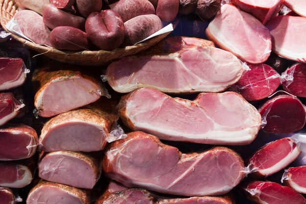 Meat and sausages in market