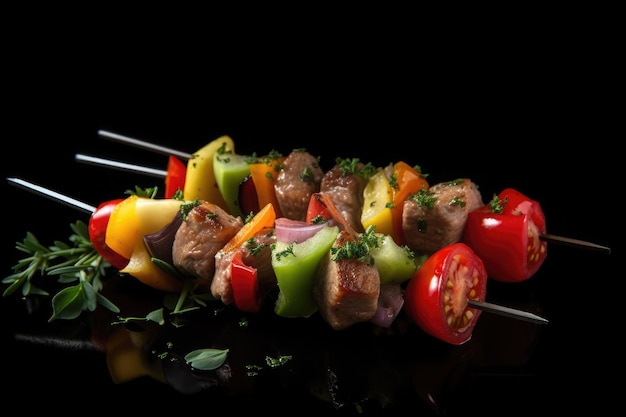 Meat skewer with vegetables on a black backgroundAi generative