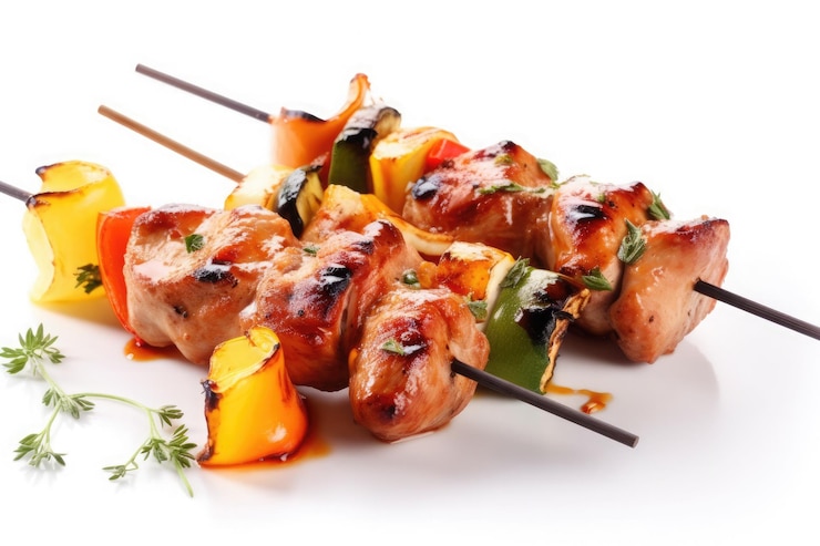 Free Photo meat skewer with vegetables isolated on white background ai generative