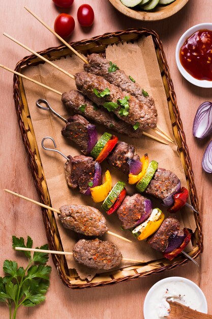 Meat and veggies on skewers