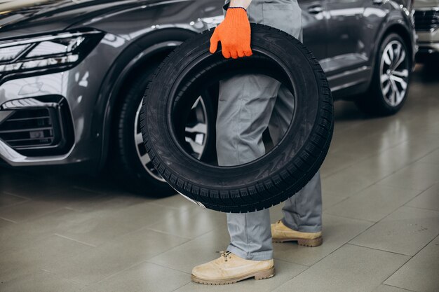 Mechanic changing tires in a car service