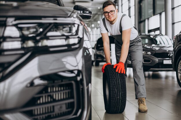 Mechanic changing tires in a car service