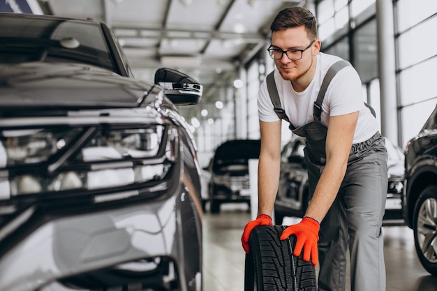 Mechanic changing tires in a car service