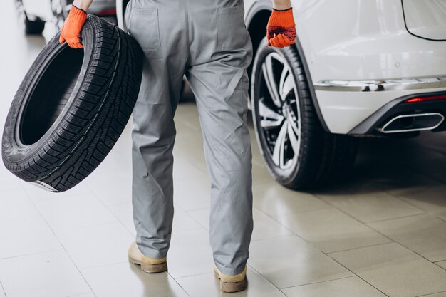 Mechanic changing tires in a car service