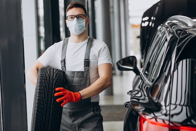 Mechanic changing tires in a car service