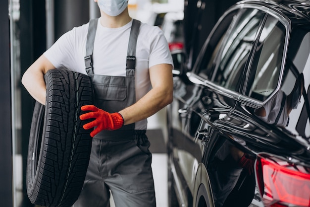 Mechanic changing tires in a car service