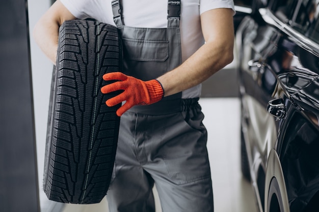 Mechanic changing tires in a car service