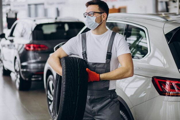 Mechanic changing tires in a car service