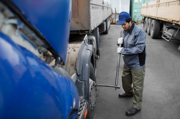 Foto gratuita meccanico che controlla il colpo pieno del camion