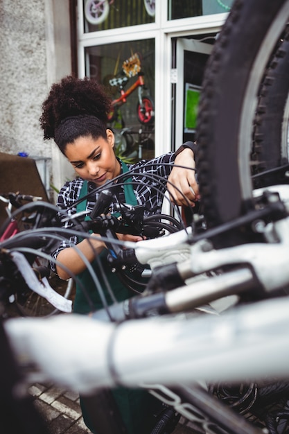 Mechanic examining bicycles