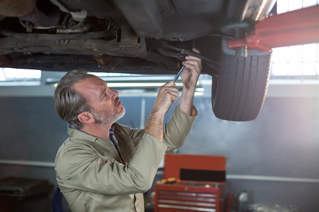 Mechanic examining car wheel brake disc