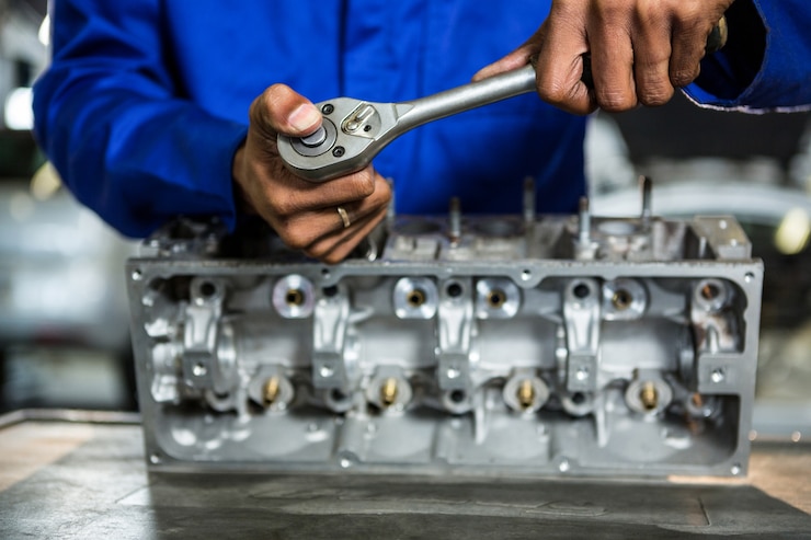 Free Photo mechanic repairing engine part with ratchet at the repair garage