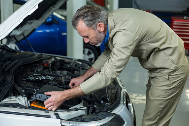 Mechanic servicing a car engine