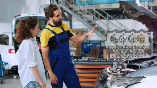 Mechanic shows client car parts hologram