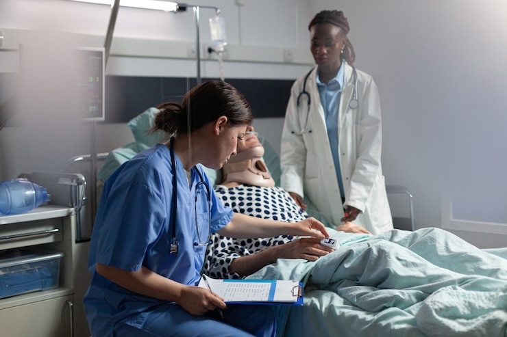 Free Photo medical assistant checking oximeter attached to senior man