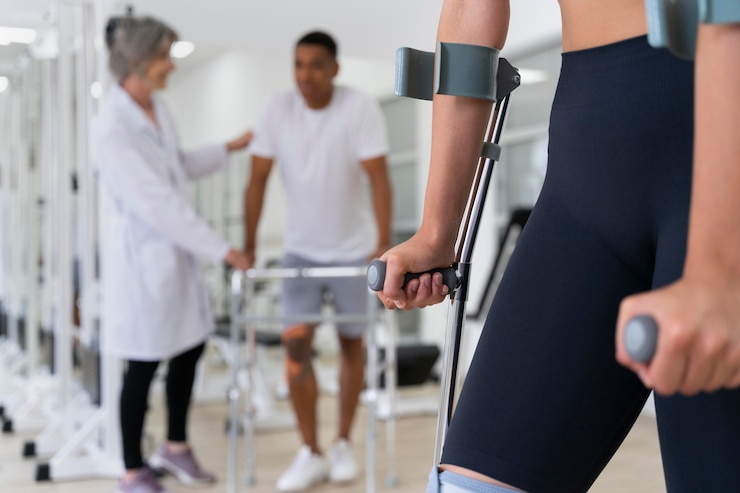 Free Photo medical assistant helping patients with physiotherapy exercises