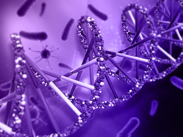 Бесплатное фото Медицинский фон с цепью днк и клетками вируса