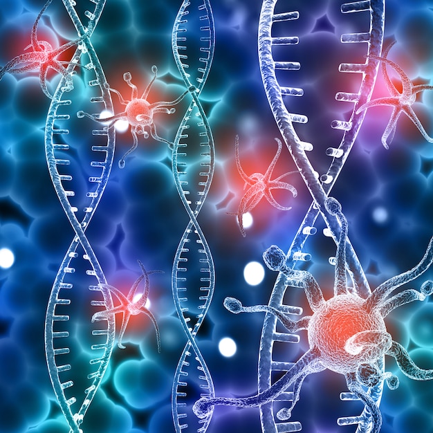 무료 사진 dna 가닥과 추상 바이러스 세포와 의료 배경