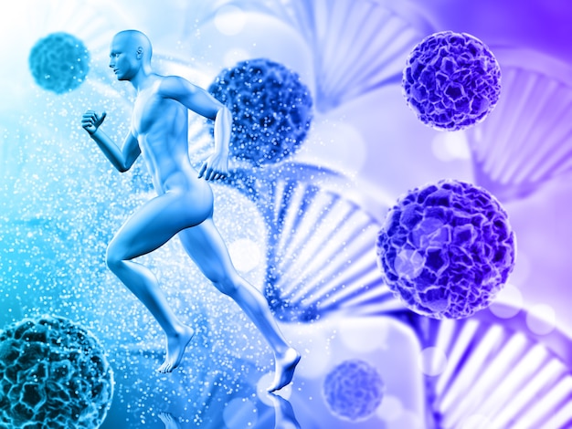 medical background with male figure running on virus cells