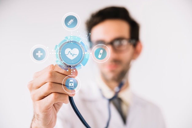 medical banner with doctor holding stethoscope