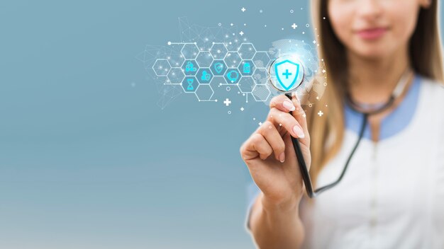 medical banner with doctor holding stethoscope