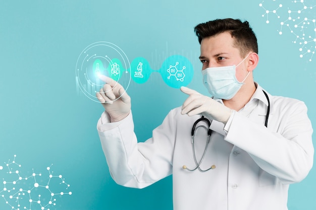 Foto gratuita banner medico con medico che indossa la maschera