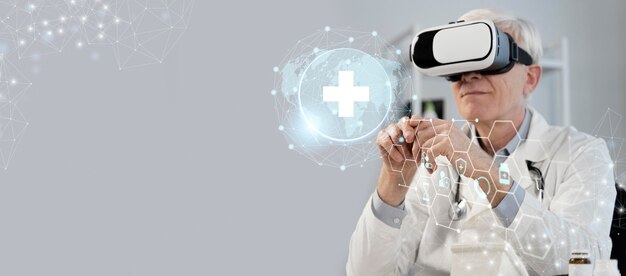 medical banner with doctor wearing vr glasses