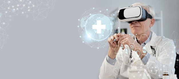 Medical banner with doctor wearing vr glasses