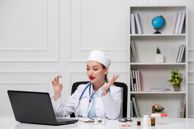 Медицинский красивый милый доктор в белом больничном халате и шляпе с компьютером с инъекцией