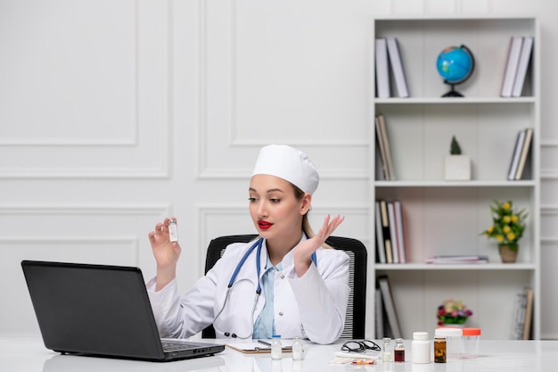 Foto gratuita medico bello carino medico in camice bianco ospedale e cappello con computer con iniezione