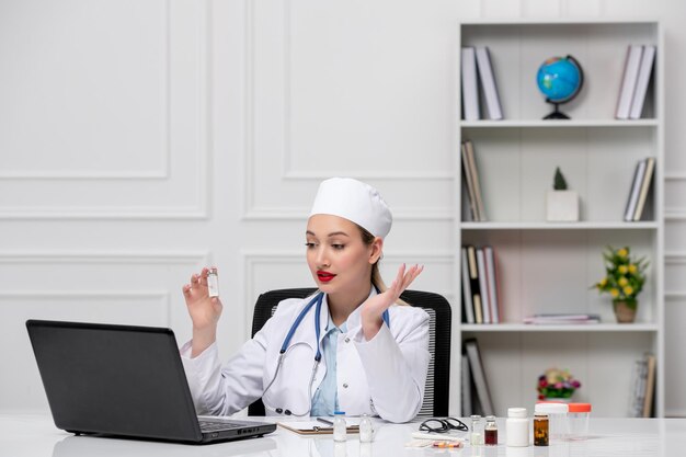 Medical beautiful cute doctor in white hospital coat and hat with computer with injection